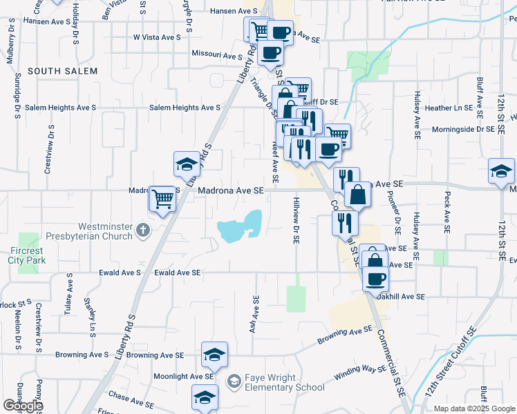 map of restaurants, bars, coffee shops, grocery stores, and more near 402 Madrona Avenue Southeast in Salem