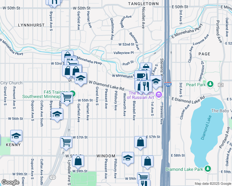 map of restaurants, bars, coffee shops, grocery stores, and more near 5412 Pillsbury Avenue in Minneapolis
