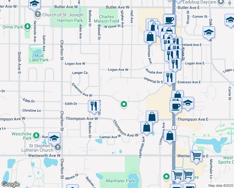 map of restaurants, bars, coffee shops, grocery stores, and more near 1398 Summit Circle in Saint Paul