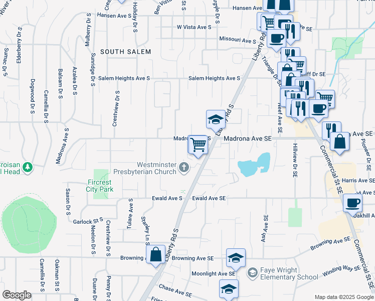 map of restaurants, bars, coffee shops, grocery stores, and more near 3580 Belle Vista Court South in Salem