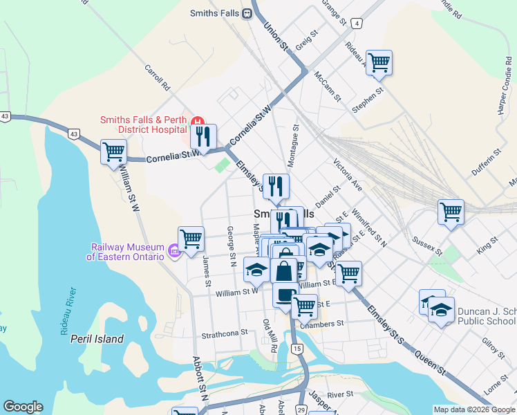 map of restaurants, bars, coffee shops, grocery stores, and more near in Smiths Falls