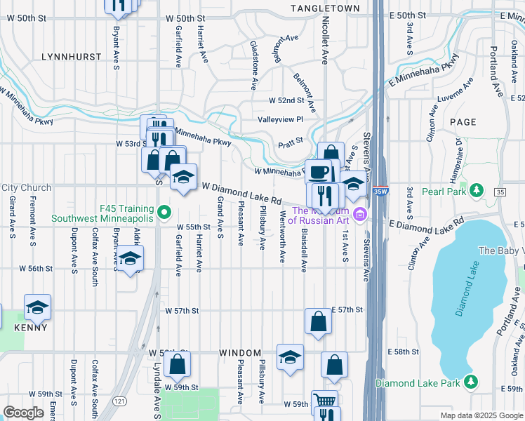 map of restaurants, bars, coffee shops, grocery stores, and more near 5412 Pillsbury Avenue in Minneapolis