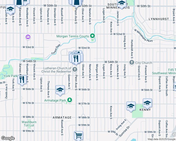 map of restaurants, bars, coffee shops, grocery stores, and more near 5429 Newton Avenue South in Minneapolis