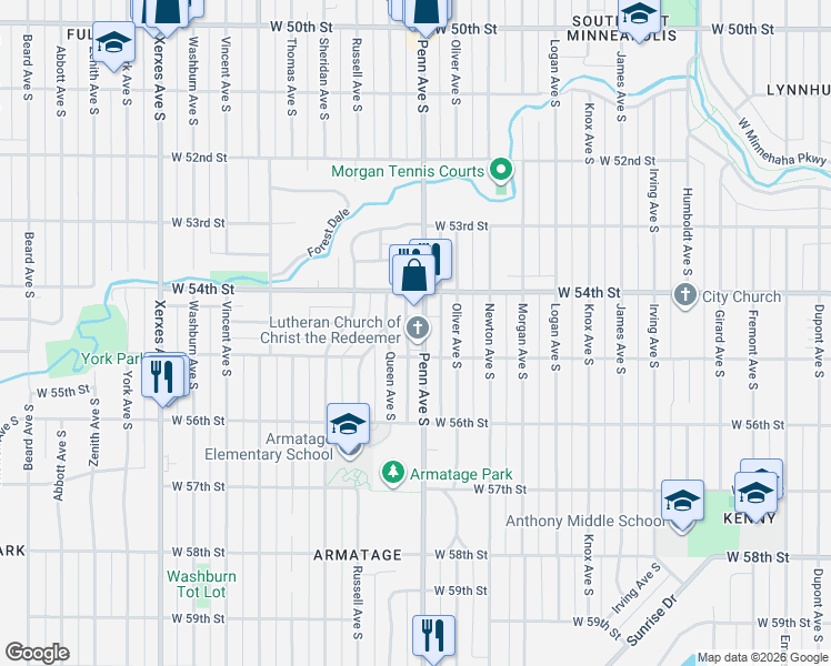map of restaurants, bars, coffee shops, grocery stores, and more near 5430 Penn Avenue South in Minneapolis
