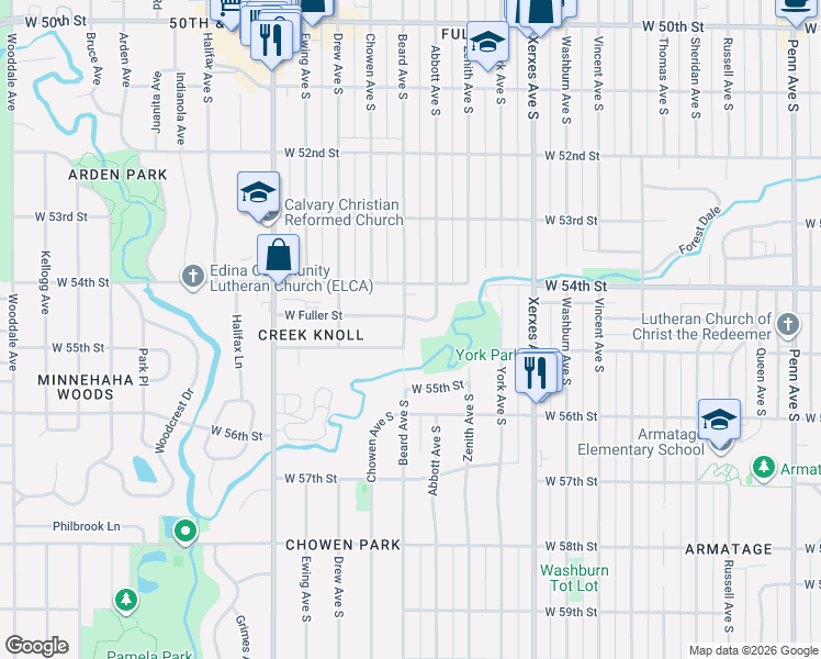 map of restaurants, bars, coffee shops, grocery stores, and more near 3501 West Fuller Street in Edina