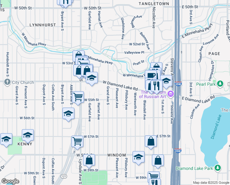 map of restaurants, bars, coffee shops, grocery stores, and more near 5424 Pleasant Avenue in Minneapolis