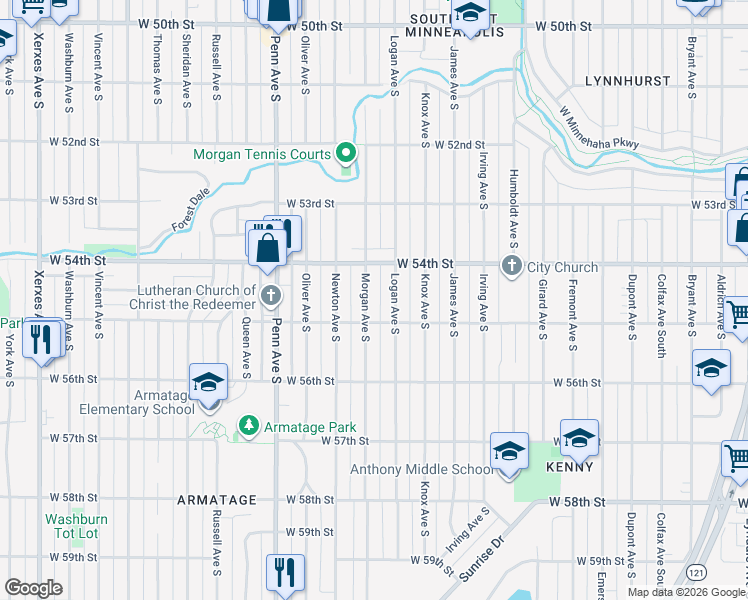 map of restaurants, bars, coffee shops, grocery stores, and more near 5429 Morgan Ave S in Minneapolis