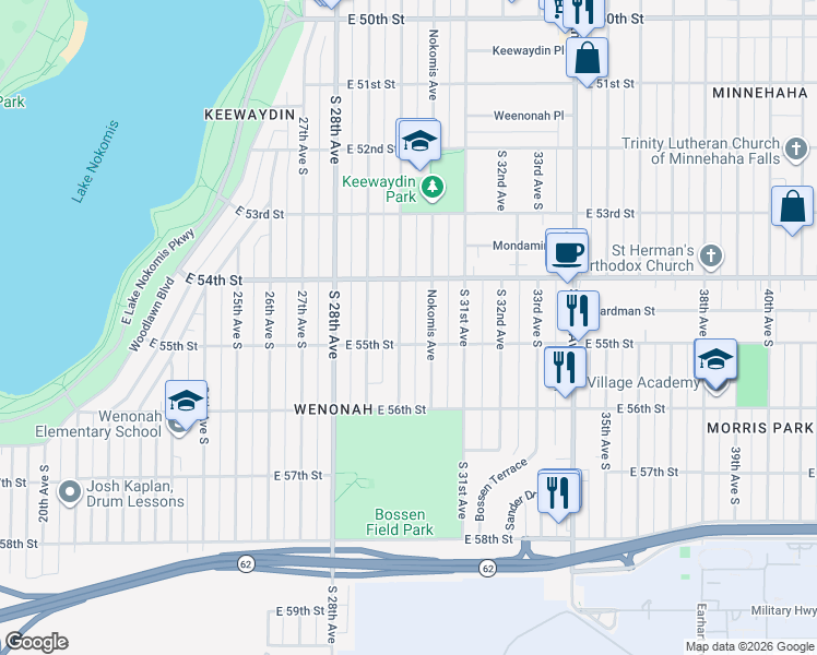 map of restaurants, bars, coffee shops, grocery stores, and more near 5445 30th Avenue South in Minneapolis