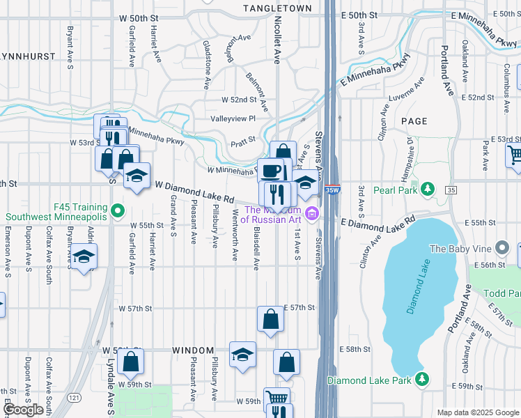 map of restaurants, bars, coffee shops, grocery stores, and more near 25 West Diamond Lake Road in Minneapolis