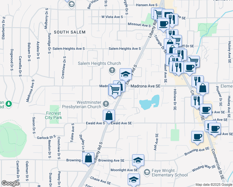 map of restaurants, bars, coffee shops, grocery stores, and more near 3575 Liberty Road South in Salem