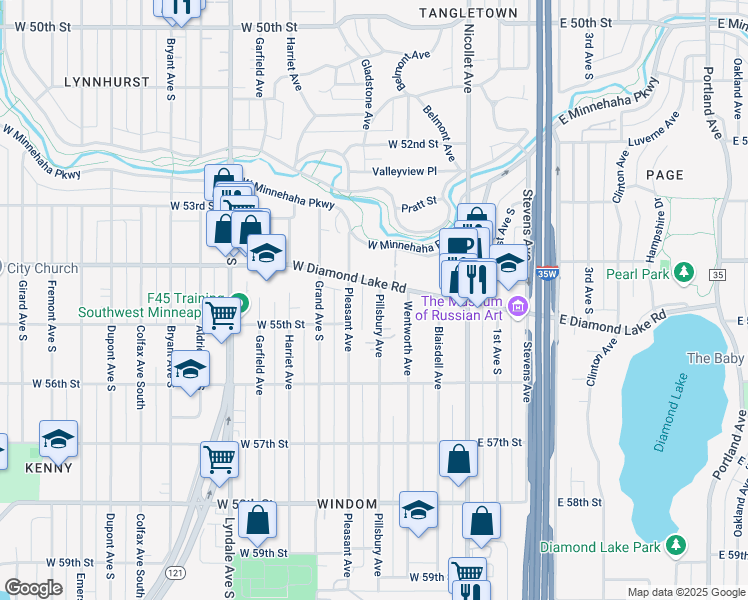map of restaurants, bars, coffee shops, grocery stores, and more near 5412 Pillsbury Avenue in Minneapolis