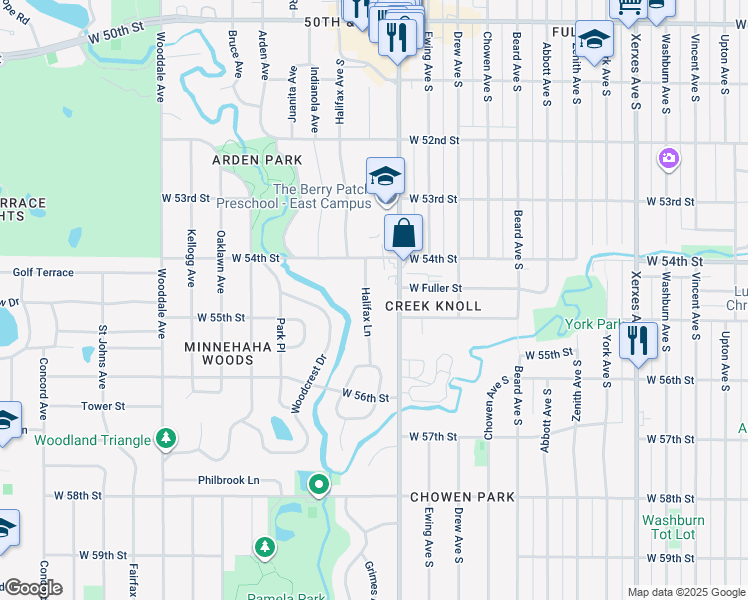 map of restaurants, bars, coffee shops, grocery stores, and more near 5429 Halifax Lane in Edina