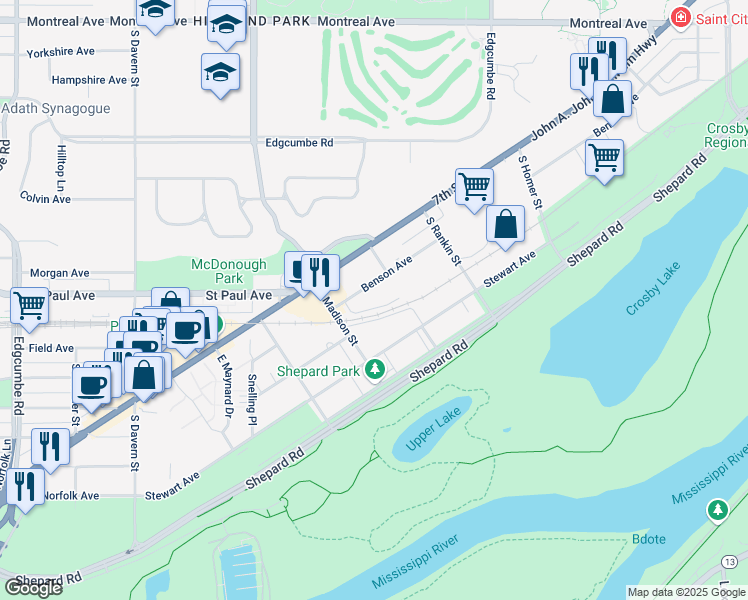 map of restaurants, bars, coffee shops, grocery stores, and more near 2276 Benson Avenue in Saint Paul