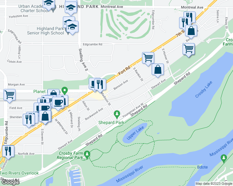 map of restaurants, bars, coffee shops, grocery stores, and more near 2276 Benson Avenue in Saint Paul