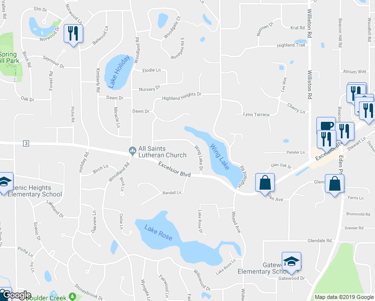 map of restaurants, bars, coffee shops, grocery stores, and more near 5511 Wingwood Court in Minnetonka