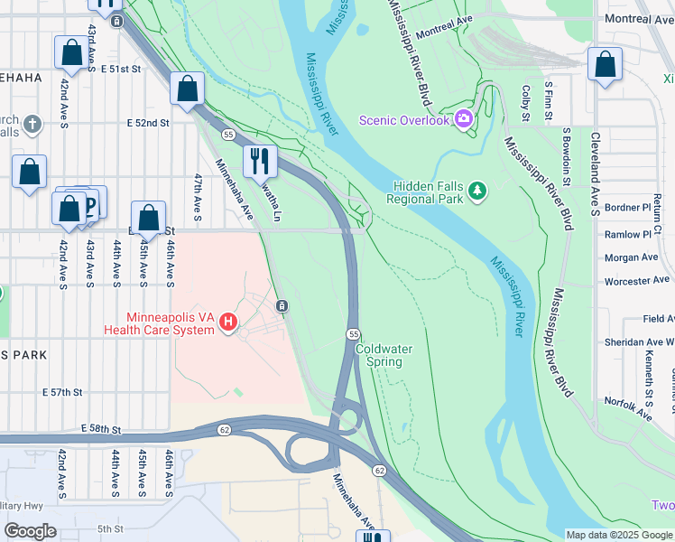 map of restaurants, bars, coffee shops, grocery stores, and more near 5019 East 54th Street in Minneapolis