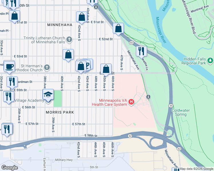 map of restaurants, bars, coffee shops, grocery stores, and more near 5445 45th Avenue South in Minneapolis