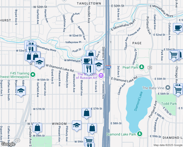 map of restaurants, bars, coffee shops, grocery stores, and more near 6 East Diamond Lake Road in Minneapolis