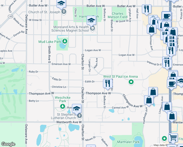 map of restaurants, bars, coffee shops, grocery stores, and more near 9 Langer Circle in Saint Paul