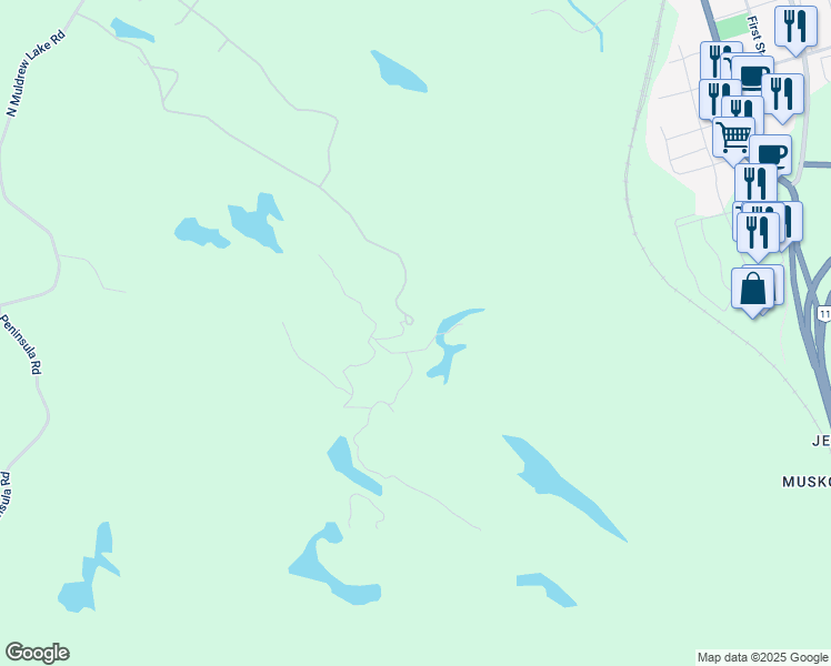 map of restaurants, bars, coffee shops, grocery stores, and more near Carrick Trail in Gravenhurst