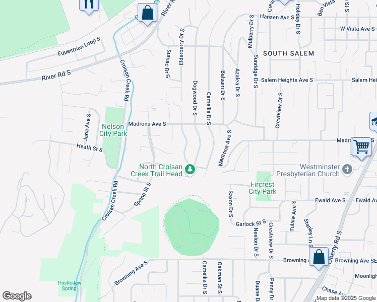 map of restaurants, bars, coffee shops, grocery stores, and more near 3589 Dogwood Drive South in Salem