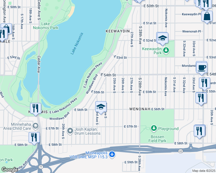 map of restaurants, bars, coffee shops, grocery stores, and more near 5441 24th Avenue South in Minneapolis