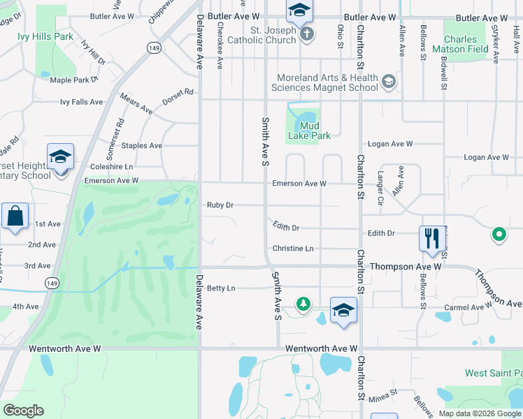 map of restaurants, bars, coffee shops, grocery stores, and more near 1403 Smith Avenue South in Saint Paul