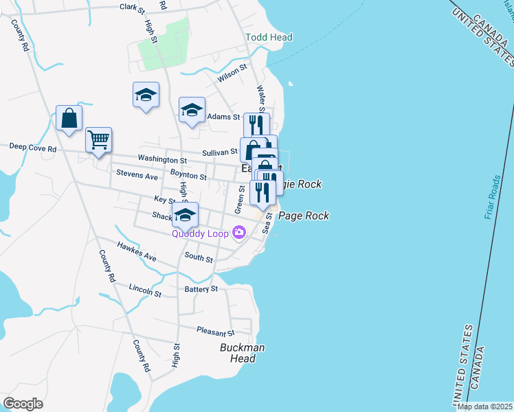 map of restaurants, bars, coffee shops, grocery stores, and more near 9 Dana Street in Eastport