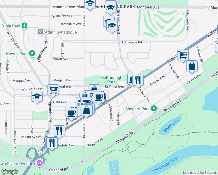 map of restaurants, bars, coffee shops, grocery stores, and more near 1517 St Paul Ave in St Paul
