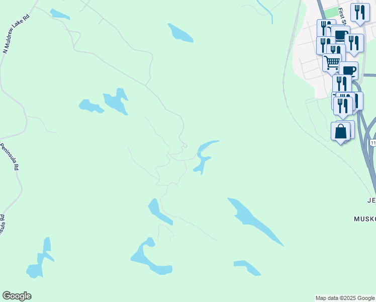 map of restaurants, bars, coffee shops, grocery stores, and more near 1217 North Muldrew Lake Road in Gravenhurst