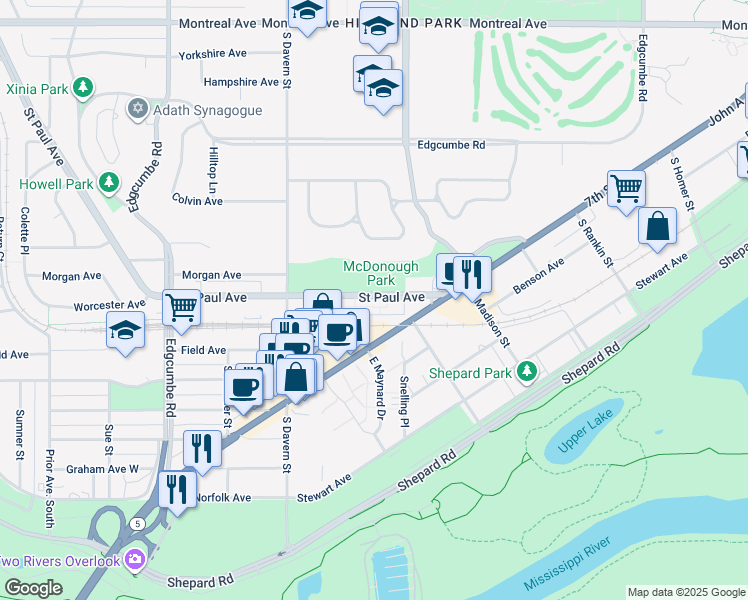 map of restaurants, bars, coffee shops, grocery stores, and more near 1527 Saint Paul Avenue in Saint Paul