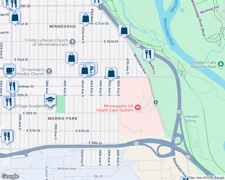map of restaurants, bars, coffee shops, grocery stores, and more near 5445 45th Avenue South in Minneapolis