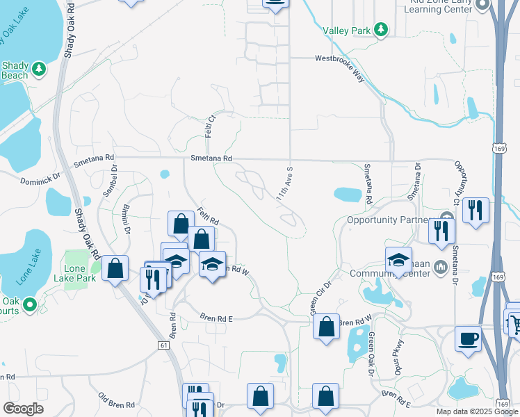 map of restaurants, bars, coffee shops, grocery stores, and more near 10681 Smetana Road in Minnetonka
