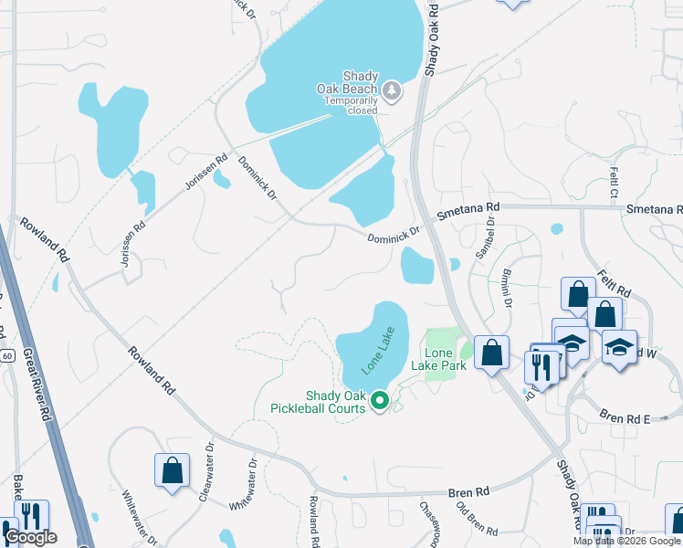 map of restaurants, bars, coffee shops, grocery stores, and more near 12000 Douglynn Drive in Hopkins