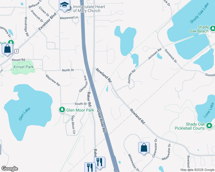 map of restaurants, bars, coffee shops, grocery stores, and more near 5500 Rowland Road in Hopkins