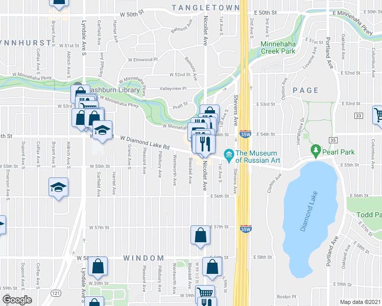 map of restaurants, bars, coffee shops, grocery stores, and more near West Diamond Lake Road in Minneapolis
