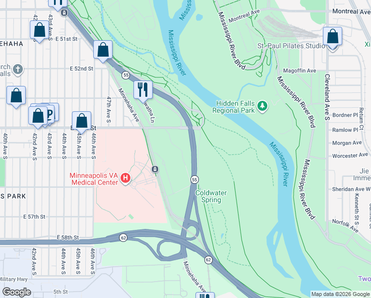 map of restaurants, bars, coffee shops, grocery stores, and more near 5019 East 54th Street in Minneapolis