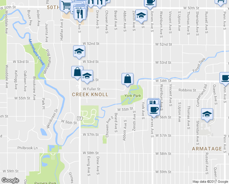 map of restaurants, bars, coffee shops, grocery stores, and more near 3501 West Fuller Street in Edina