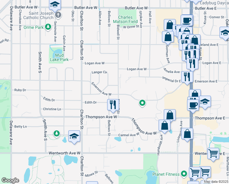 map of restaurants, bars, coffee shops, grocery stores, and more near 151 Emerson Avenue West in Saint Paul