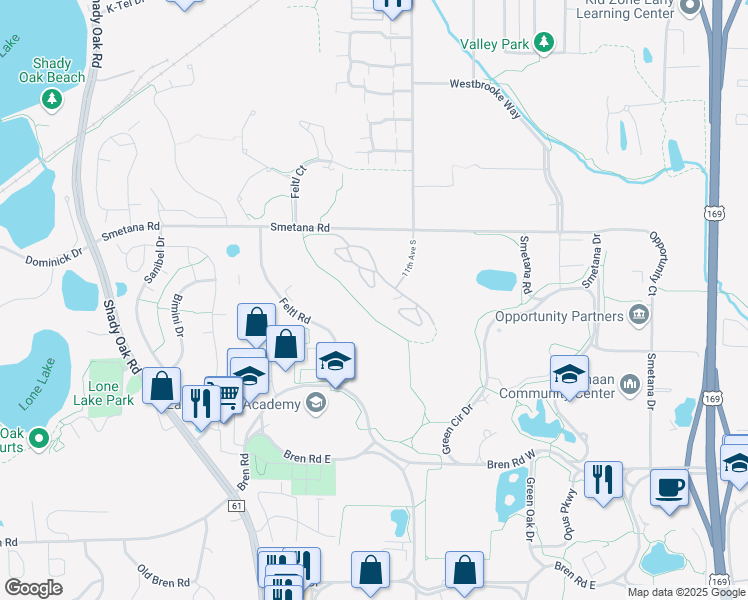 map of restaurants, bars, coffee shops, grocery stores, and more near 10681 Smetana Road in Minnetonka