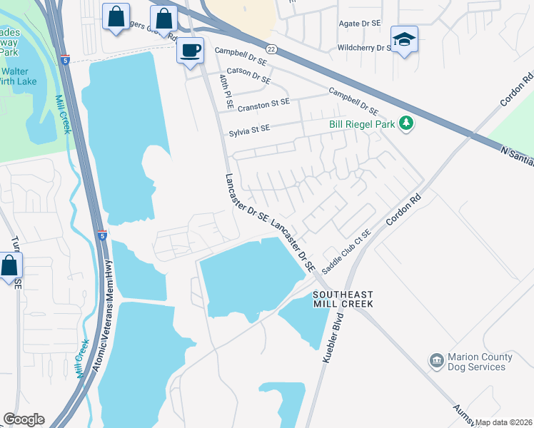 map of restaurants, bars, coffee shops, grocery stores, and more near 2702 Lancaster Drive Southeast in Salem