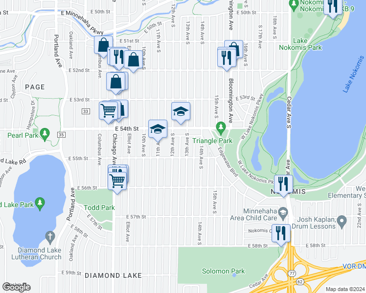 map of restaurants, bars, coffee shops, grocery stores, and more near 5436 13th Avenue South in Minneapolis