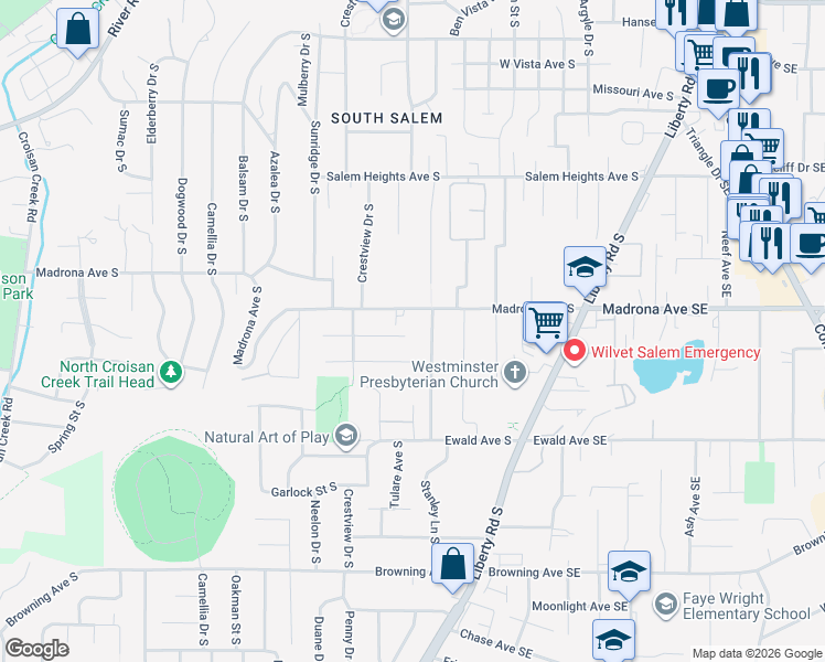 map of restaurants, bars, coffee shops, grocery stores, and more near 701 Mimosa Street South in Salem