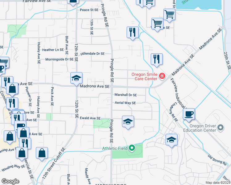 map of restaurants, bars, coffee shops, grocery stores, and more near 1435 Marshall Drive Southeast in Salem