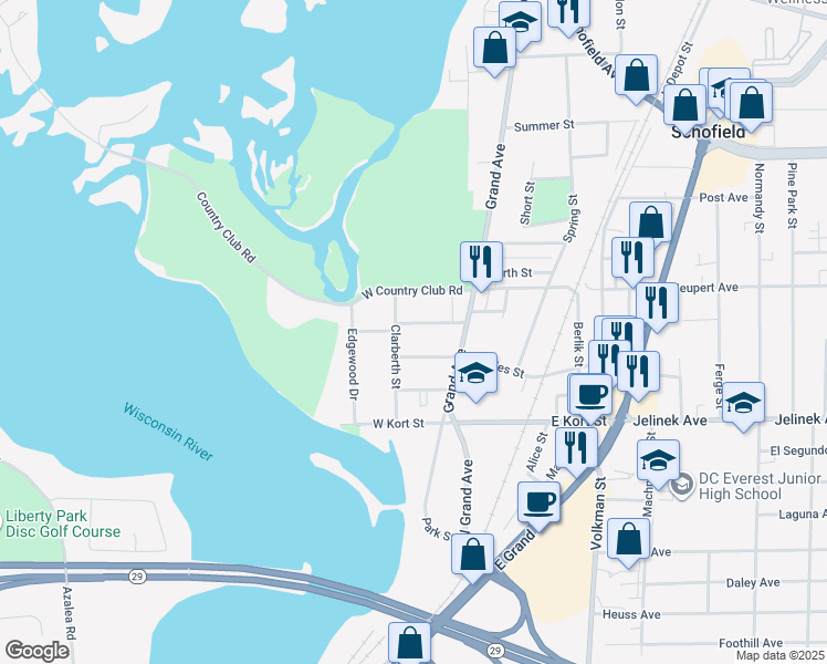 map of restaurants, bars, coffee shops, grocery stores, and more near 133 Williams St in Schofield