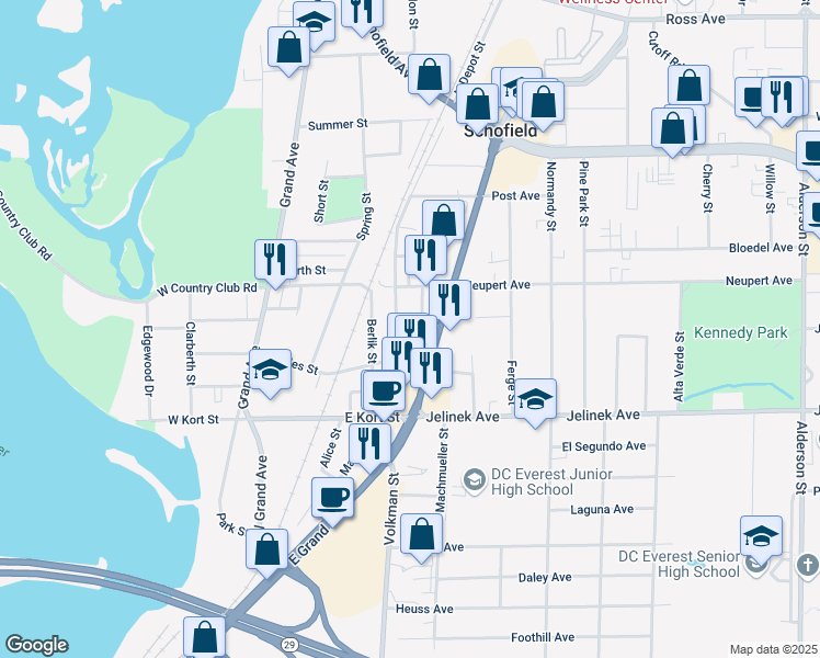 map of restaurants, bars, coffee shops, grocery stores, and more near 5817 Volkman Street in Schofield