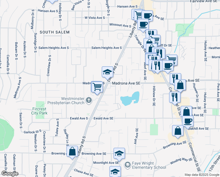 map of restaurants, bars, coffee shops, grocery stores, and more near 3550 Liberty Road South in Salem