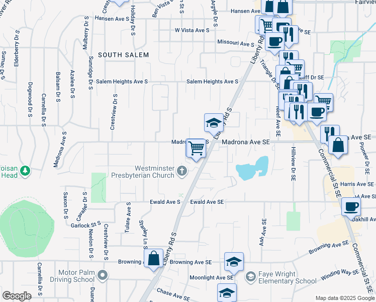 map of restaurants, bars, coffee shops, grocery stores, and more near 3580 Belle Vista Court South in Salem