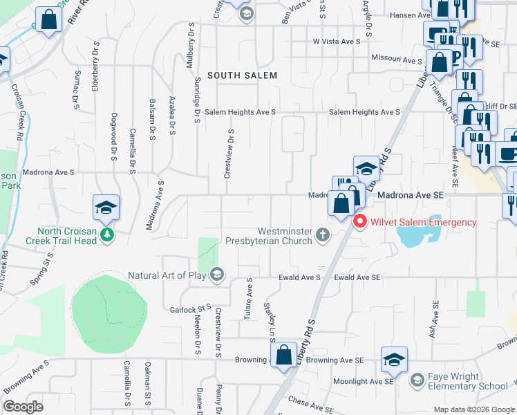 map of restaurants, bars, coffee shops, grocery stores, and more near 701 Mimosa Street South in Salem