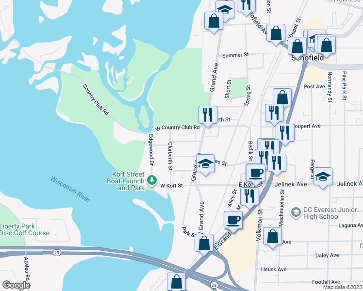map of restaurants, bars, coffee shops, grocery stores, and more near 133 Williams Street in Schofield